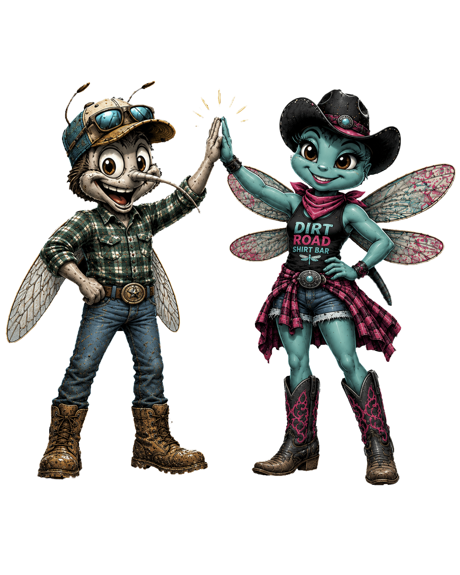 Daisy the dragonfly and Skeeter the mosquito sharing a high five